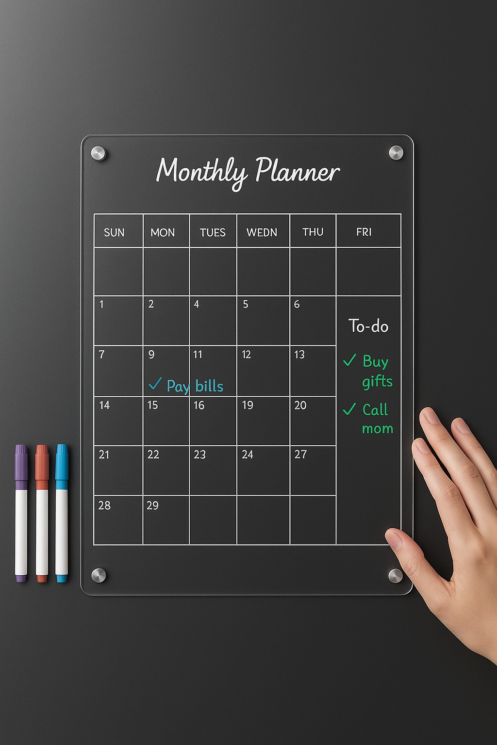 Acrylic Fridge Calendar – Reusable Dry Erase with 6 Pens  
