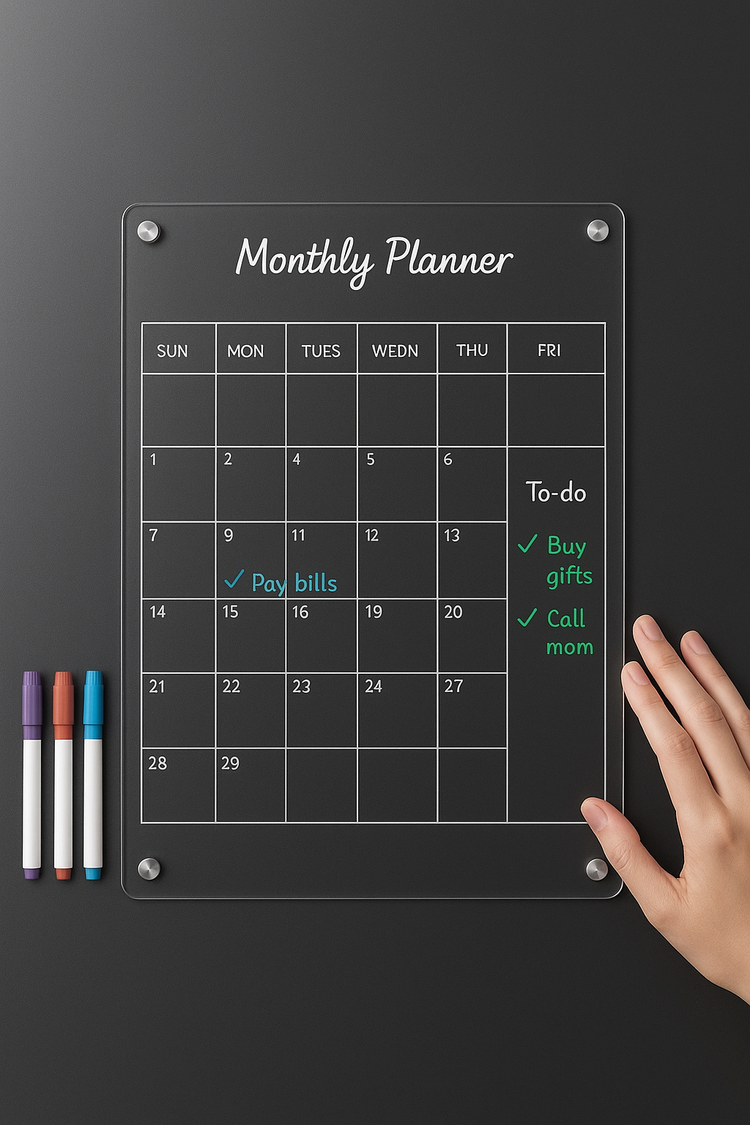 Acrylic Fridge Calendar – Reusable Dry Erase with 6 Pens  